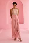 Buy_Chamee And Palak_Pink Georgette, Silk Beads, Embroidery, Sequins Halter Neck Bodice Dress _Online_at_Aza_Fashions