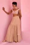 Shop_Chamee And Palak_Beige Georgette, Silk Sequins, Stones, Suhana Pre-draped Saree And Blouse Set _at_Aza_Fashions