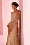 Buy_Chamee And Palak_Brown Georgette, Satin Sequins, Stella Pre-draped Saree And Embroidered Blouse Set _Online_at_Aza_Fashions