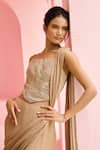 Shop_Chamee And Palak_Brown Georgette, Satin Sequins, Stella Pre-draped Saree And Embroidered Blouse Set _Online_at_Aza_Fashions
