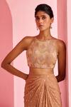 Chamee And Palak_Brown Georgette, Silk Embroidery, Beads Halter Neck Noor Blouse And Skirt Set _Online_at_Aza_Fashions