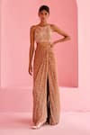 Buy_Chamee And Palak_Brown Georgette, Silk Embroidery, Beads Halter Neck Noor Blouse And Skirt Set _at_Aza_Fashions