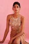 Chamee And Palak_Brown Georgette, Silk Embroidery, Beads Halter Neck Noor Blouse And Skirt Set _at_Aza_Fashions