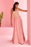 Chamee And Palak_Peach Silk, Net Embroidery Halter Neck Amal Floral Pattern Lehenga Set _Online_at_Aza_Fashions