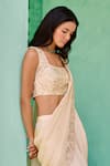 Shop_Chamee And Palak_Ivory Tissue, Silk Embroidery Square Neck Ziya Pre-draped Saree And Blouse Set _Online_at_Aza_Fashions