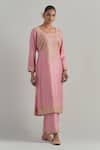 Buy_Ikshita Choudhary_Pink Chanderi, Organza Embroidery Round Neck Kurta Set _Online_at_Aza_Fashions