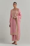Buy_Ikshita Choudhary_Pink Chanderi, Organza Embroidery Round Neck Kurta Set _at_Aza_Fashions