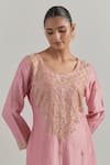 Ikshita Choudhary_Pink Chanderi, Organza Embroidery Round Neck Kurta Set _at_Aza_Fashions