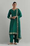 Buy_Ikshita Choudhary_Green Chanderi, Net Embroidery Split V-neck Kurta Set _at_Aza_Fashions