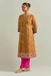 Buy_Ikshita Choudhary_Mustard Organza, Muslin Embroidery Round Neck Kurta Set _Online_at_Aza_Fashions