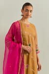Shop_Ikshita Choudhary_Mustard Organza, Muslin Embroidery Round Neck Kurta Set 