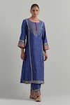 Buy_Ikshita Choudhary_Blue Chanderi Embroidery Round Neck Kurta Set _Online_at_Aza_Fashions