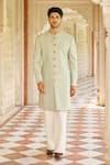 Buy_Contrast By Parth_Green Jacquard, Silk Embroidery Rehmat Button Down Sherwani Set _at_Aza_Fashions