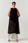 Buy_Three_Black Organza, Crepe, Tissue Beads Round Neck Asymmetric Co-ord Tunic Set _at_Aza_Fashions