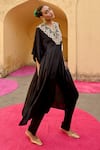 Shop_Swati Vijaivargie_Black Modal, Silk Embroidery V-neck Chameli Kaftan Set _at_Aza_Fashions