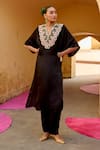 Buy_Swati Vijaivargie_Black Modal, Silk Embroidery V-neck Chameli Kaftan Set _at_Aza_Fashions