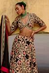 Swati Vijaivargie_Black Linen, Satin Embroidery V-neck Chandini Floral Pattern Lehenga Set _Online_at_Aza_Fashions
