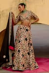 Shop_Swati Vijaivargie_Black Linen, Satin Embroidery V-neck Chandini Floral Pattern Lehenga Set _at_Aza_Fashions