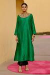 Shop_Swati Vijaivargie_Green Silk Embroidery Round Neck Yoke Kurta Set _at_Aza_Fashions