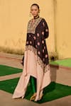 Shop_Swati Vijaivargie_Black Silk Notched Neck Rani Floral Pattern Cape With Pant _at_Aza_Fashions