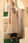 Buy_Swati Vijaivargie_Ivory Silk Organza Embroidery Notched Neck Tribal Kurta Set _at_Aza_Fashions