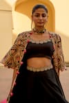 Swati Vijaivargie_Black Modal, Silk Tassels, Surajmukhi Floral Pattern Jacket And Lehenga Set _Online_at_Aza_Fashions