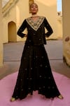 Buy_Swati Vijaivargie_Black Modal, Silk Tassels V-neck Chandrima Embroidered Top With Skirt _at_Aza_Fashions