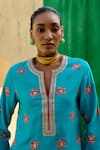 Swati Vijaivargie_Aqua Silk Embroidery Split V-neck Floral Butti Pattern Kurta Set _Online_at_Aza_Fashions