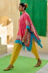 Shop_Swati Vijaivargie_Fuchsia Silk, Modal Embroidery Mandarin Spiral Pattern Poncho With Dhoti Pant _at_Aza_Fashions
