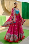 Shop_Swati Vijaivargie_Turquoise Silk Embroidery Round Neck, Open Floral Pattern Cape And Lehenga Set _at_Aza_Fashions