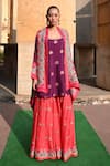 Buy_Swati Vijaivargie_Purple Silk Embroidery Round , Open Cape And Sharara Set _at_Aza_Fashions