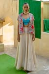 Shop_Swati Vijaivargie_Aqua Silk, Organza Embroidery Open , Round Jacket And Skirt Set _at_Aza_Fashions