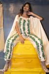 Jajobaa_Cream Silk Embroidery, Pearls, Fabric Embellished Cape Top And Pant Co-ord Set _Online_at_Aza_Fashions