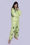 Jajobaa_Lime Denim Fabric Flowers, Pearls, Crystals, Embellished Shirt And Pant Co-ord Set _Online_at_Aza_Fashions