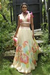 Buy_Basil Leaf_Multi Color Crepe, Organza Sequins, Beads, Stones, Gota Floral Print Lehenga Set _at_Aza_Fashions
