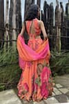 Shop_Basil Leaf_Orange Organza Sequins, Tassels Halter Neck Rose Print Lehenga Set _at_Aza_Fashions