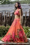 Shop_Basil Leaf_Orange Organza Sequins, Tassels Halter Neck Rose Print Lehenga Set _Online_at_Aza_Fashions