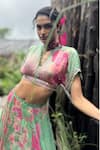 Buy_Basil Leaf_Mint Chinon, Chiffon, Organza Sequins V-neck Fleur Print Lehenga Set _Online_at_Aza_Fashions