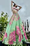 Shop_Basil Leaf_Mint Chinon, Chiffon, Organza Sequins V-neck Fleur Print Lehenga Set _Online_at_Aza_Fashions