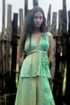 Basil Leaf_Aqua Chinon, Chiffon Beads, Embroidery V-neck Stripe Pattern Top And Pant Set _Online_at_Aza_Fashions