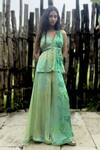 Buy_Basil Leaf_Aqua Chinon, Chiffon Beads, Embroidery V-neck Stripe Pattern Top And Pant Set _at_Aza_Fashions