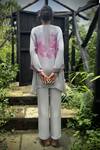 Shop_Basil Leaf_Gray Crepe Embroidery, Piping Keyhole Neck Kurta And Pant Set _at_Aza_Fashions