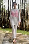 Buy_Basil Leaf_Gray Crepe Embroidery, Piping Keyhole Neck Kurta And Pant Set _at_Aza_Fashions