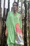 Basil Leaf_Mint Crepe Foil Printing Mandarin Collar Flower Kurta With Pant _Online_at_Aza_Fashions