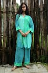 Buy_Basil Leaf_Blue Crepe Embroidery, Metallic Thread V-neck Scallop Print Kurta With Pant _at_Aza_Fashions