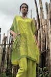 Shop_Basil Leaf_Olive Green Crepe Embroidery Split V-neck Printed Kurta With Pant _Online_at_Aza_Fashions