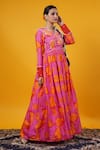 Buy_Saangi_Fuchsia Viscose, Muslin, Organza Pearls, Beads V-neck Floral Print Anarkali _at_Aza_Fashions