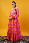 Saangi_Fuchsia Viscose, Muslin, Organza Pearls, Beads V-neck Floral Print Anarkali _Online_at_Aza_Fashions