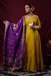 Saangi_Mustard Viscose, Silk Embroidery, Zari Square Neck Anarkali With Dupatta _Online_at_Aza_Fashions
