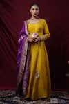 Buy_Saangi_Mustard Viscose, Silk Embroidery, Zari Square Neck Anarkali With Dupatta _Online_at_Aza_Fashions